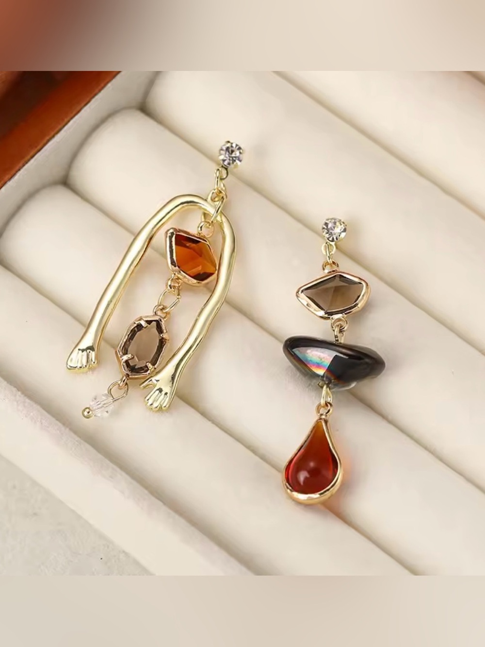 Gold Earrings with Amber and Brown Accents